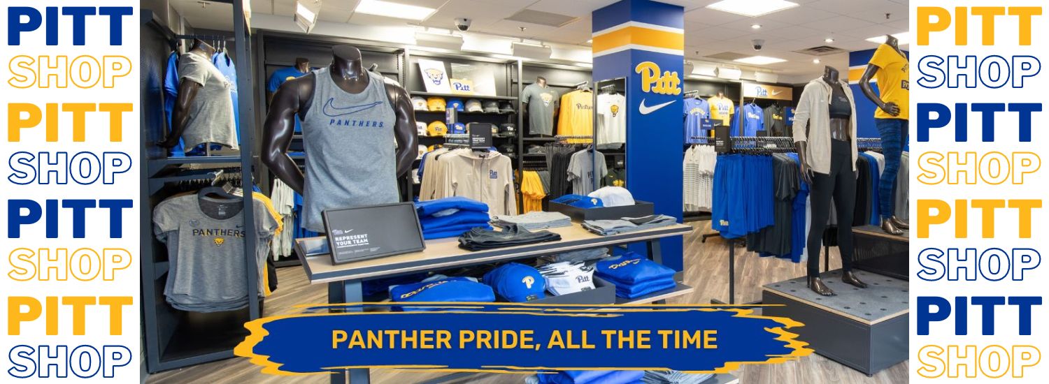 banner with photo of inside of the Pitt Shop with displays of shirts and other items