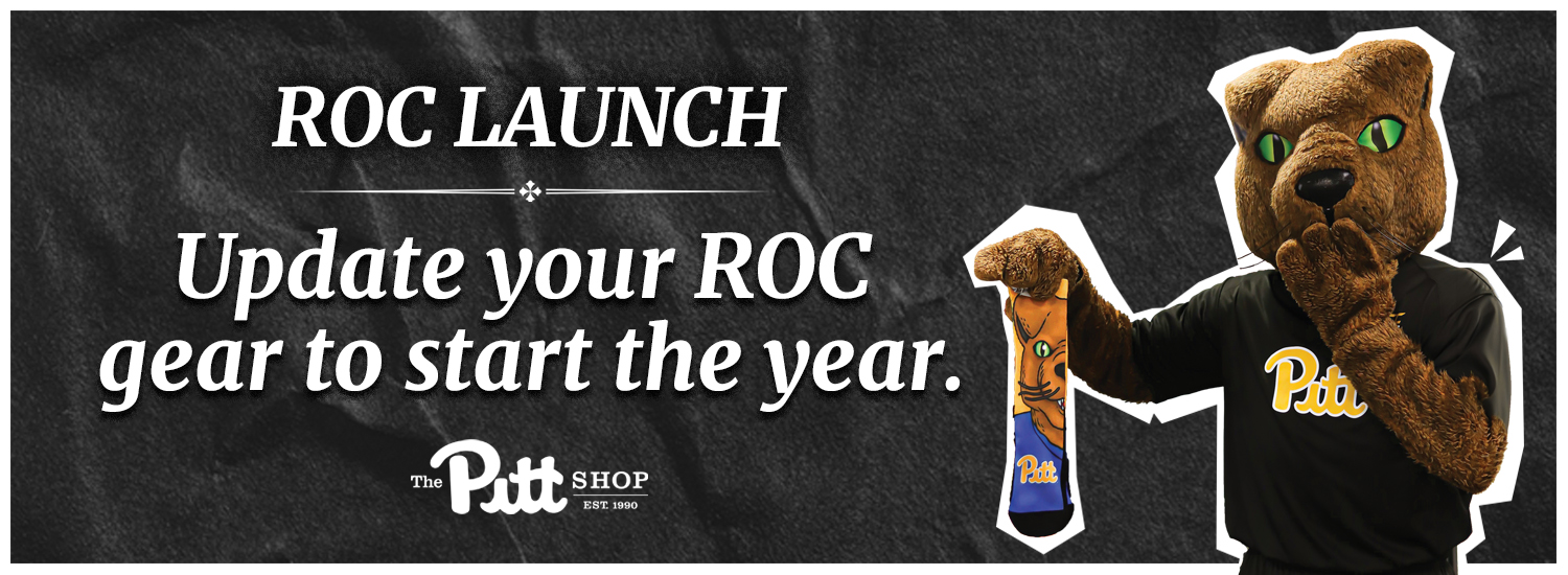 black banner with white border and photo of Roc the Panther mascot holding a sock on the right. Text reads Roc Launch, Update your Roc gear to start the year! At the Pitt Shop