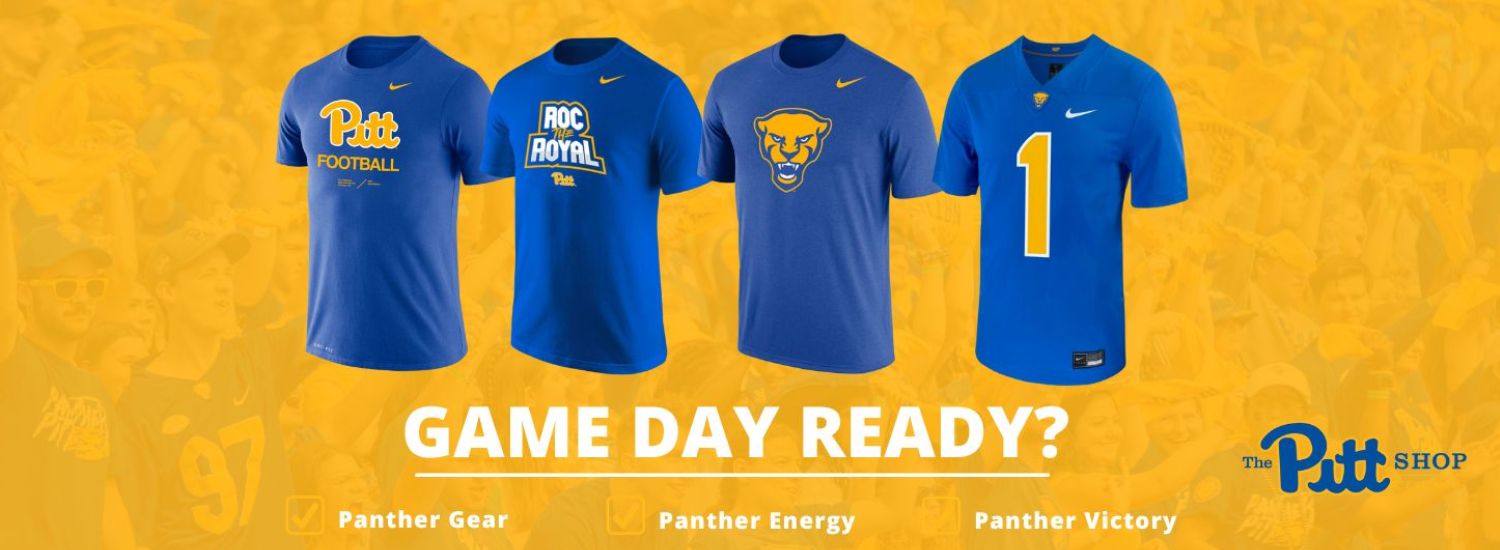 banner with blue Nike Pitt shirts and jerseys over a yellow background with transparent crowd of football fans and the Pitt Shop logo in bottom right corner. White text reads Game Day Ready? Panther Gear, Panther Energy, Panther Victory