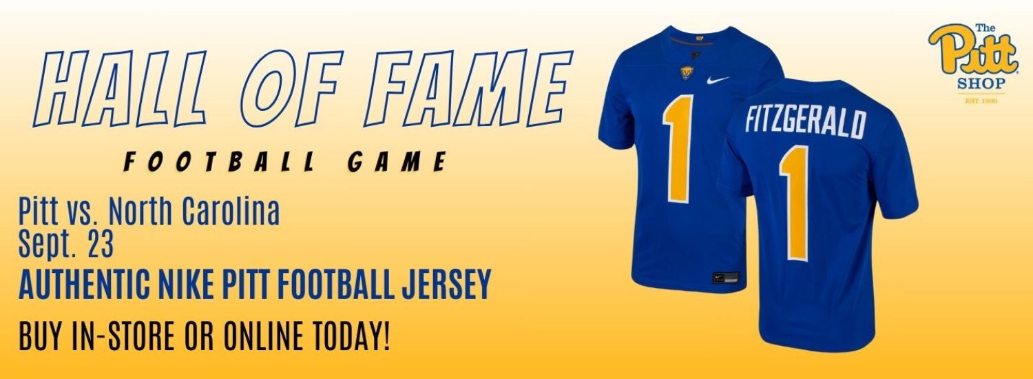 yellow banner with royal blue Fitzgerald football jersey. Text on the left reads Hall of Fame Football Game, Pitt versus North Carolina September 23, Authentic Nike Pitt Football Jersey, Buy in-store or online today!