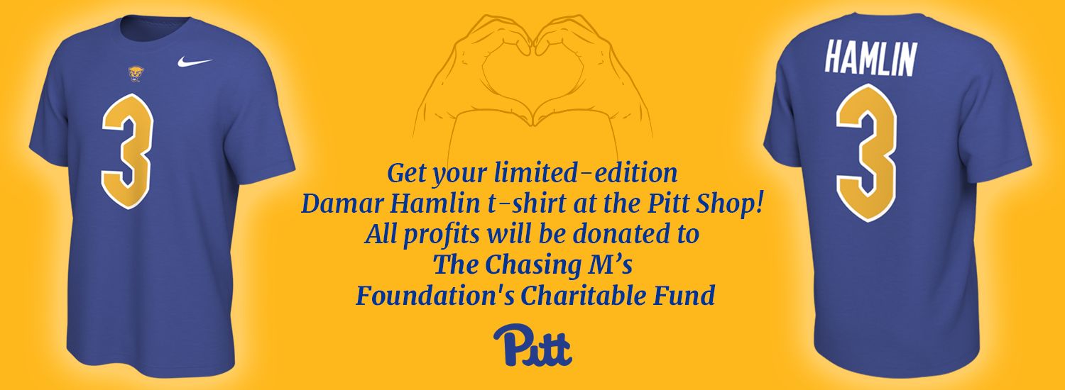 yellow gold banner with an illustration of two hands forming a heart symbol between images of the Damar Hamlin jersey t-shirt on either side. Blue text in the center reads Get your limited edition Damar Hamlin t-shirt at the Pitt Shop! All profits will be donated to The Chasing M's Foundation's Charitable Fund