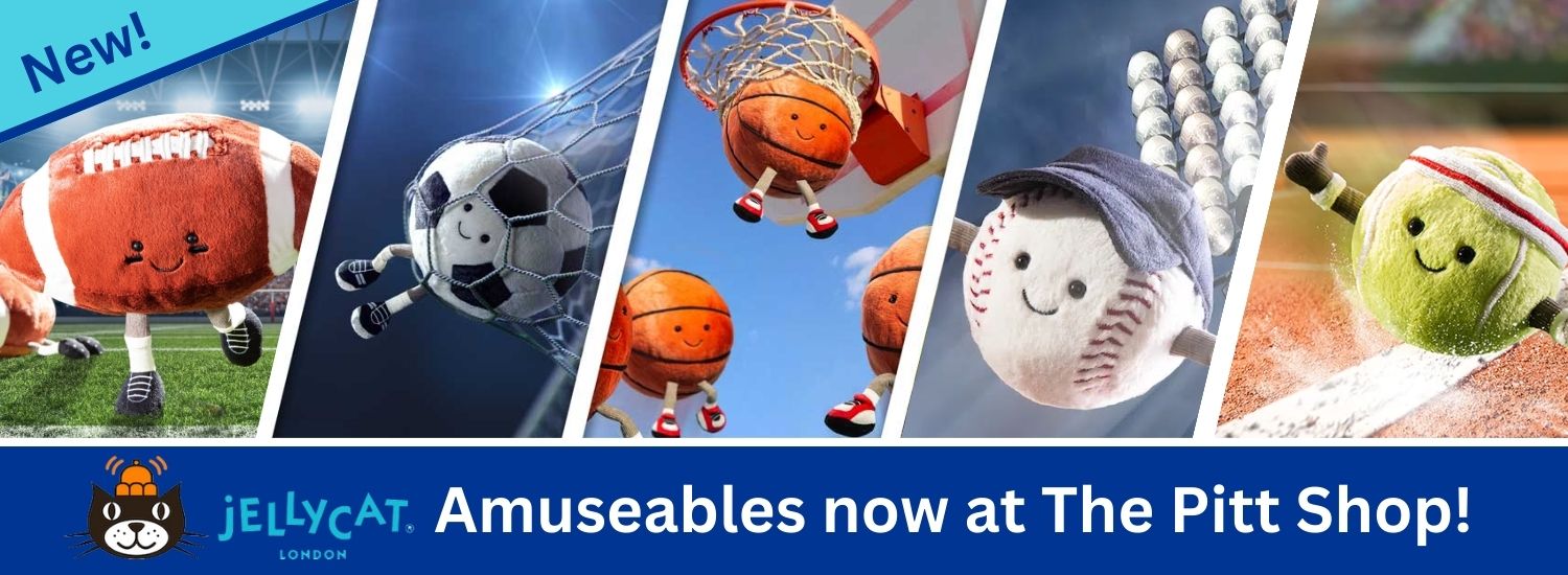banner with photos of Jellycat Amuseable sports plushes including American football, soccer, basketball, baseball and tennis. At the bottom is white text on blue background reads New JellyCat Amuseables now at the Pitt Shop!